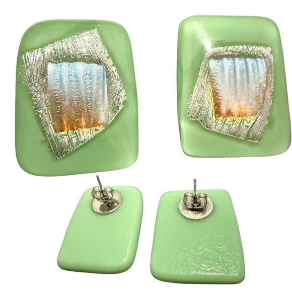 Mint Green Fused Glass Earrings – Handmade Iridescent Post-Back Jewelry - Picture 16 of 17